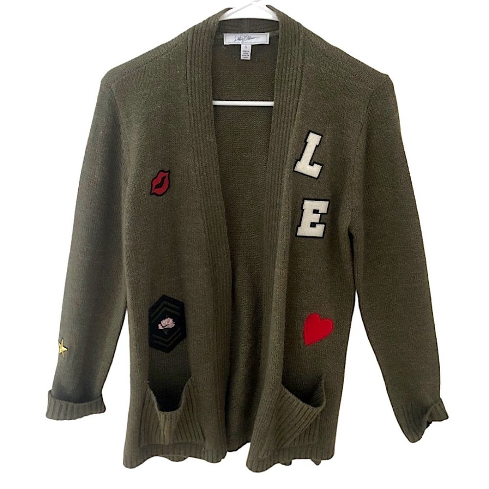 Libby Edelman Cardigan Green Open Front Pockets Applique Knit Sweater SMALL
